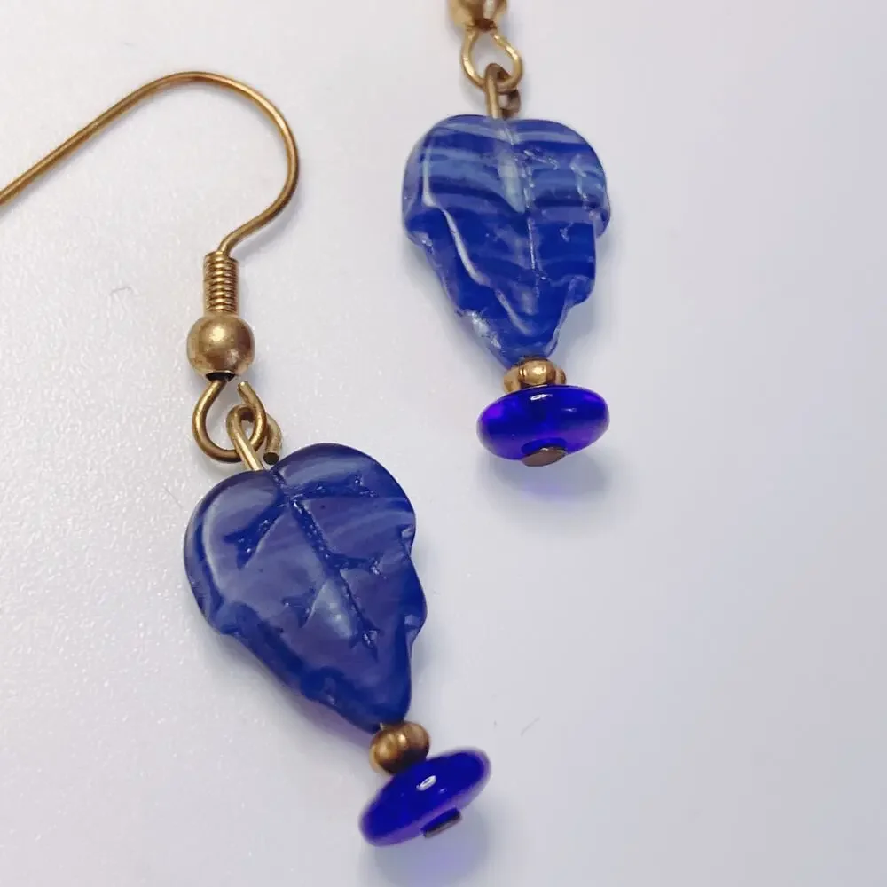 Colbalt Blue Glass Leaf Dangle Earrings Cute Boho Botanical Gold Tone Hooks